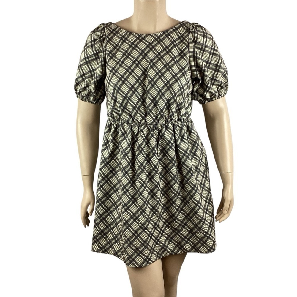 Line & Dot Lisa Plaid Open Back Puff Sleeve Mini Dress Size L Black Green